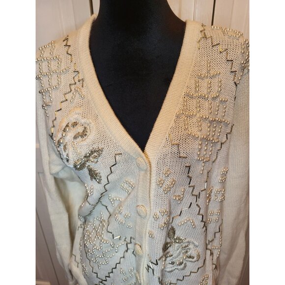 Vintage 90's/Y2K White/Silver Beaded Cardigan S Pearls Cottage Fairy Feminine - Picture 4 of 9